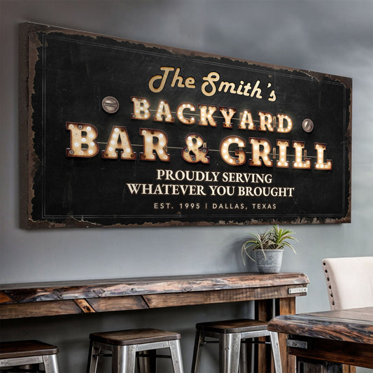 Backyard Bar & Grill Sign XVIII canvas by Tailored Canvases, distressed black surface with marquee bulbs and gold script header on Tampa Home & Garden Store