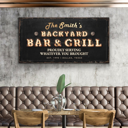 Backyard Bar & Grill Sign XVIII canvas; black vintage sign with copper marquee letters on Tampa Home & Garden Store