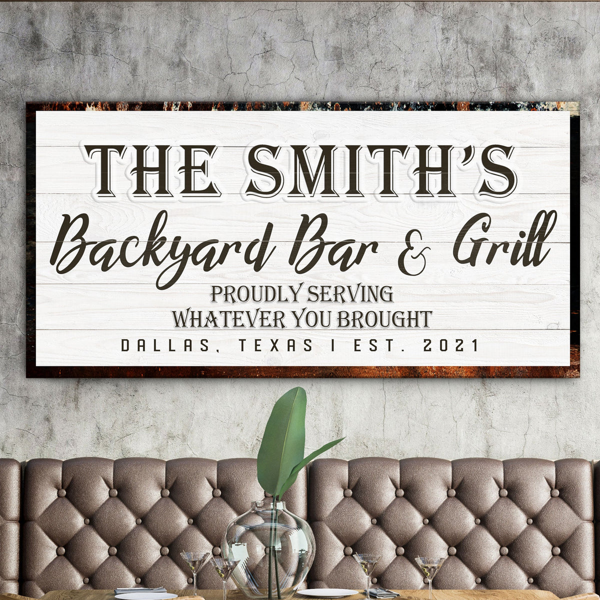 Backyard Bar & Grill Sign XIX canvas with white wood plank background and THE SMITH'S lettering on Tampa Home & Garden Store
