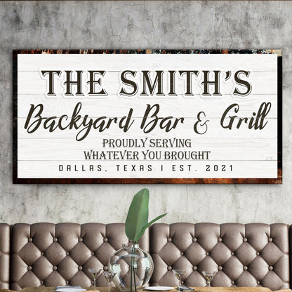 Backyard Bar & Grill Sign XIX canvas with white wood plank background and THE SMITH'S lettering on Tampa Home & Garden Store