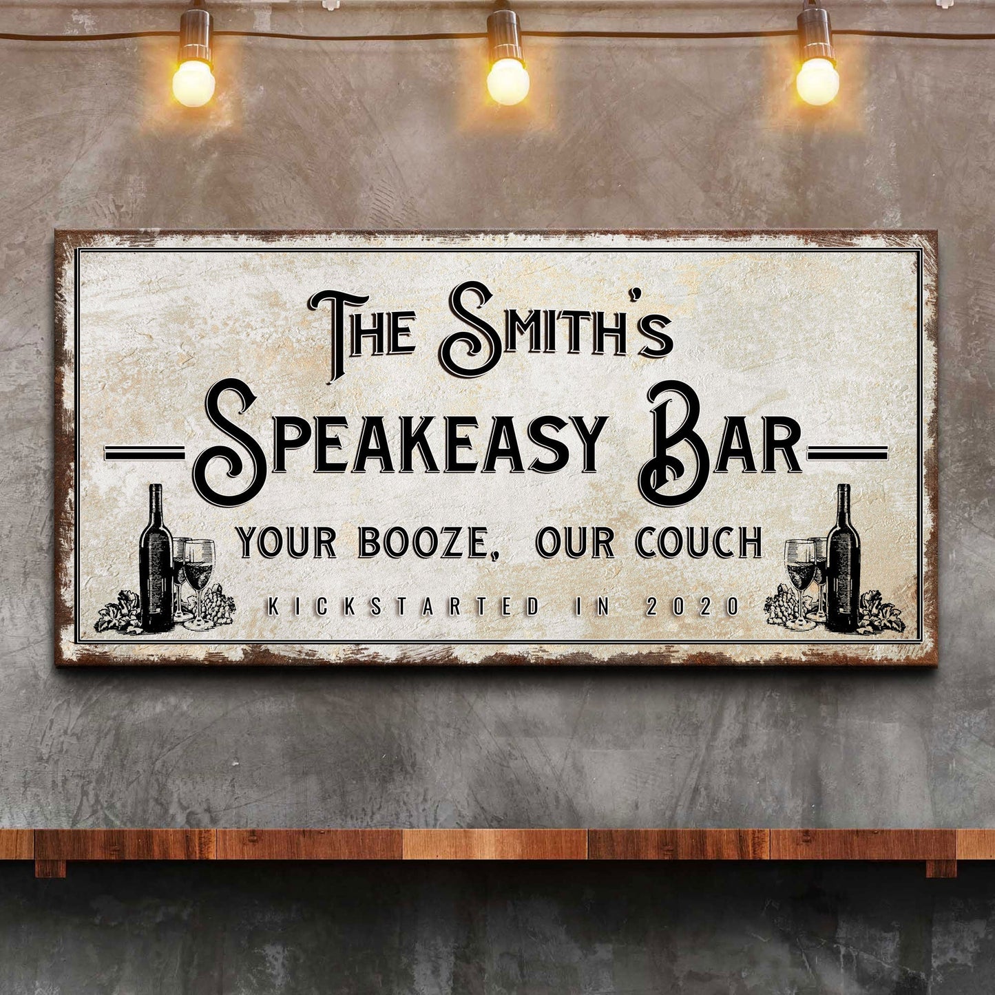 Canvas sign Speakeasy Bar by Tailored Canvases with cream background and wine bottle art on Tampa Home & Garden Store