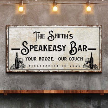 Canvas sign Speakeasy Bar by Tailored Canvases with cream background and wine bottle art on Tampa Home & Garden Store