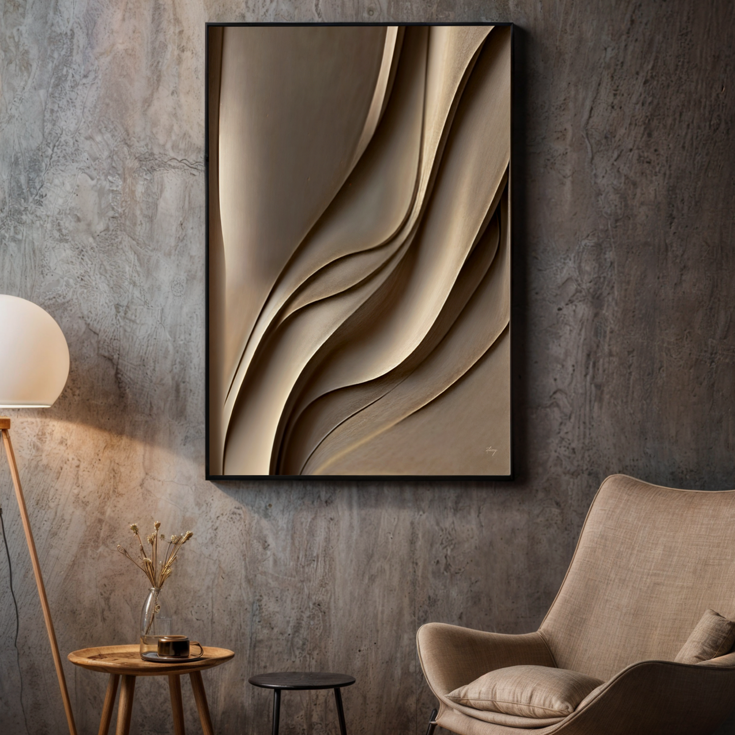 Canvas print Drifted Elegance by Tailored Canvases with abstract gold wave in a black frame on Tampa Home & Garden Store