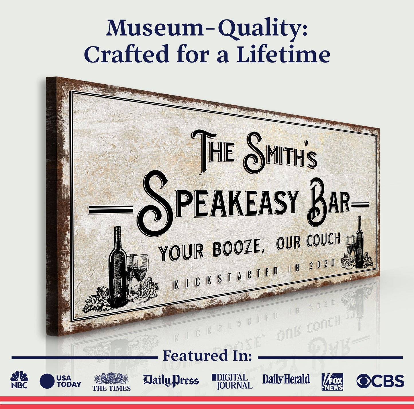 Speakeasy Your Booze Our Couch Bar Sign canvas by Tailored Canvases, vintage beige wall art on Tampa Home & Garden Store