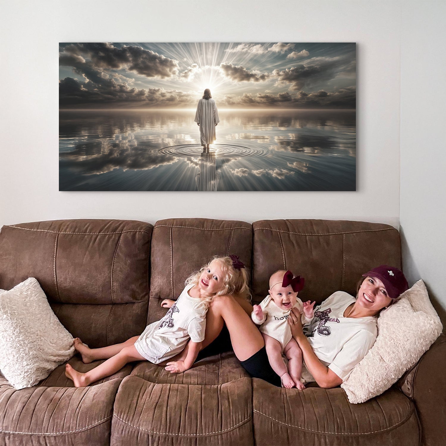 Canvas wall art Walking on Water - Faith Wall Art III, serene figure on water above a sofa on Tampa Home & Garden Store