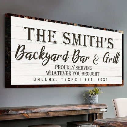 Canvas sign Backyard Bar & Grill XIX on white wood plank background by Tailored Canvases on Tampa Home & Garden Store