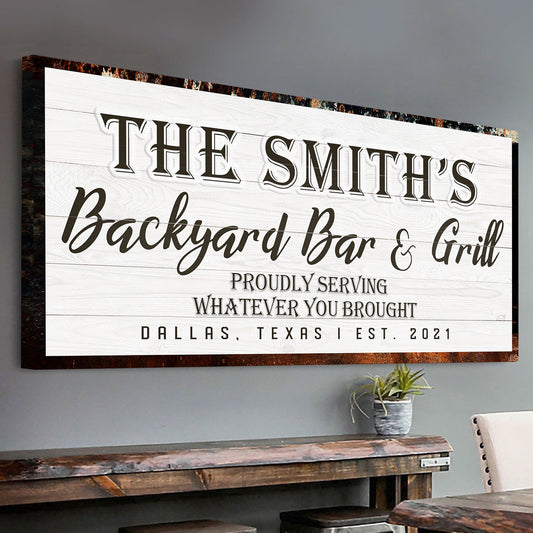 Canvas sign Backyard Bar & Grill XIX on white wood plank background by Tailored Canvases on Tampa Home & Garden Store