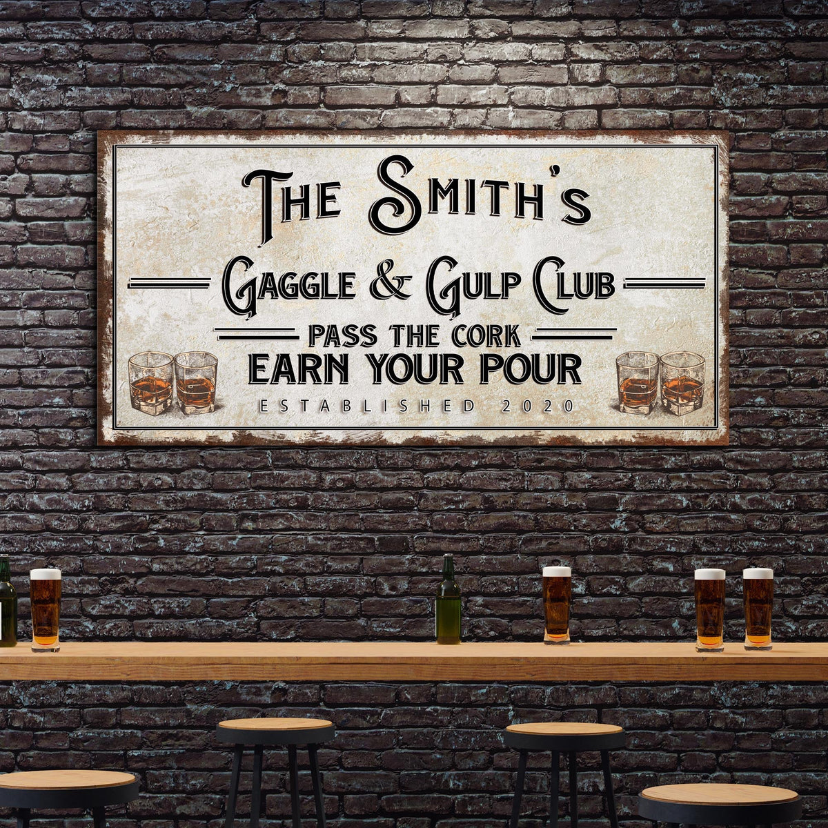 Gaggle & Gulp Club Sign canvas with rustic wood frame and beer glasses Tailored Canvases on Tampa Home & Garden Store