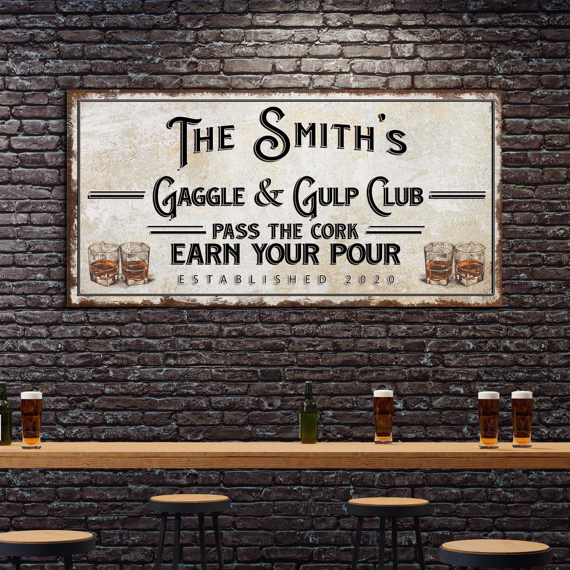 Gaggle & Gulp Club Sign canvas with rustic wood frame and beer glasses Tailored Canvases on Tampa Home & Garden Store