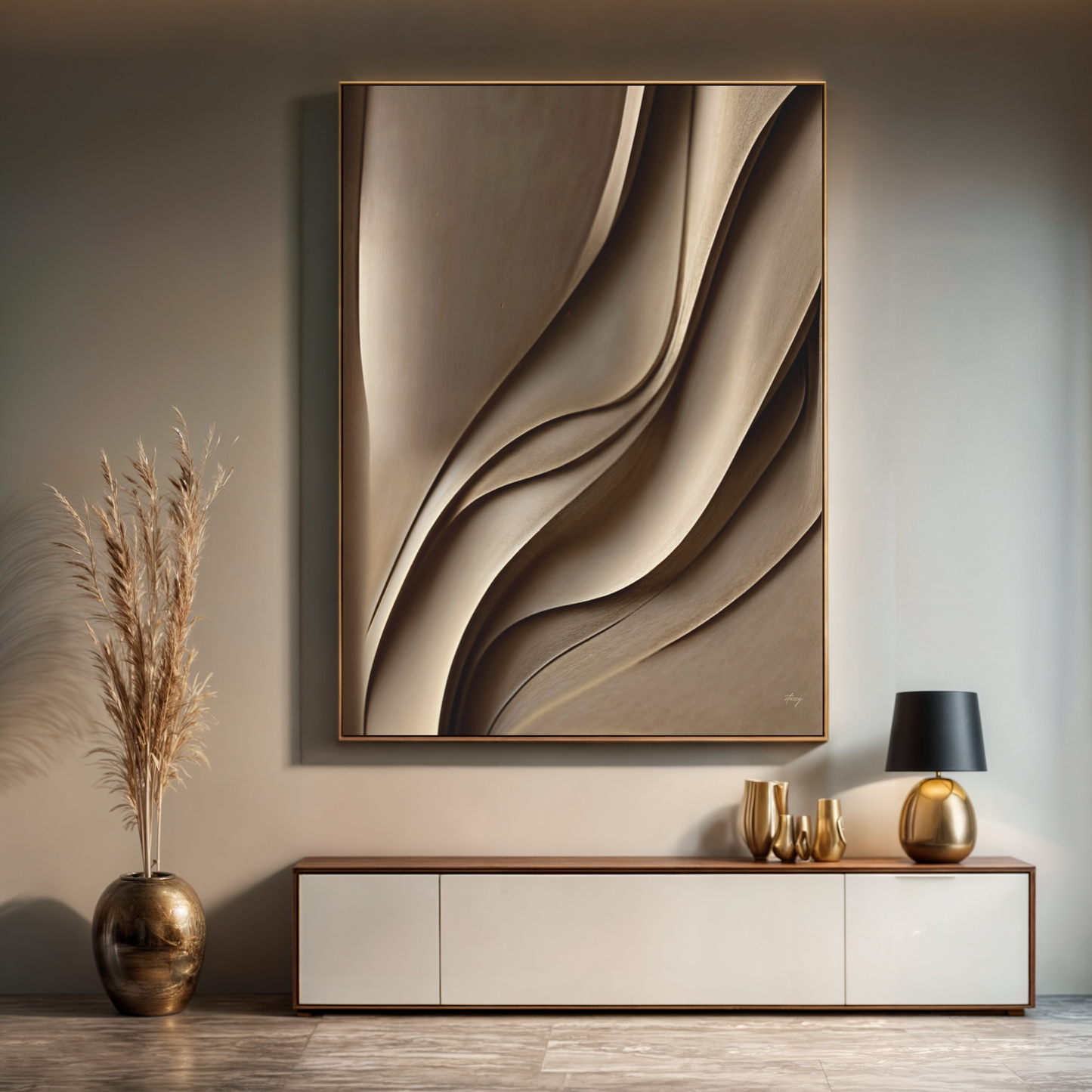 Canvas Print Drifted Elegance by Tailored Canvases, beige folds on a gold-framed canvas on Tampa Home & Garden Store