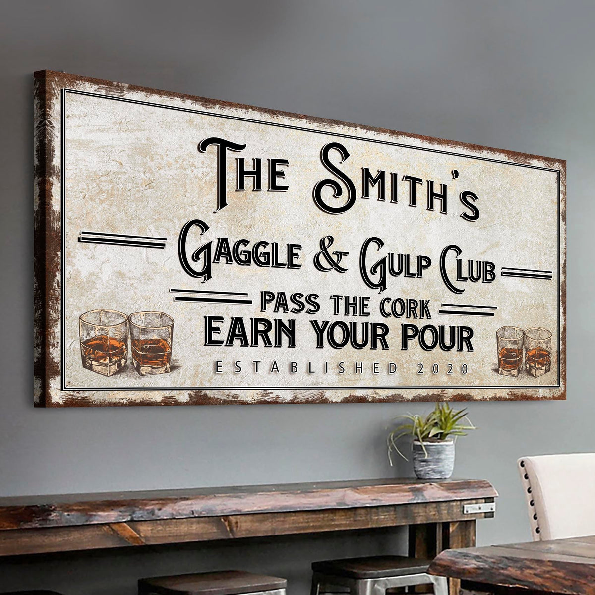 Canvas sign The Smith's Gaggle & Gulp Club with whiskey glasses on a distressed background on Tampa Home & Garden Store
