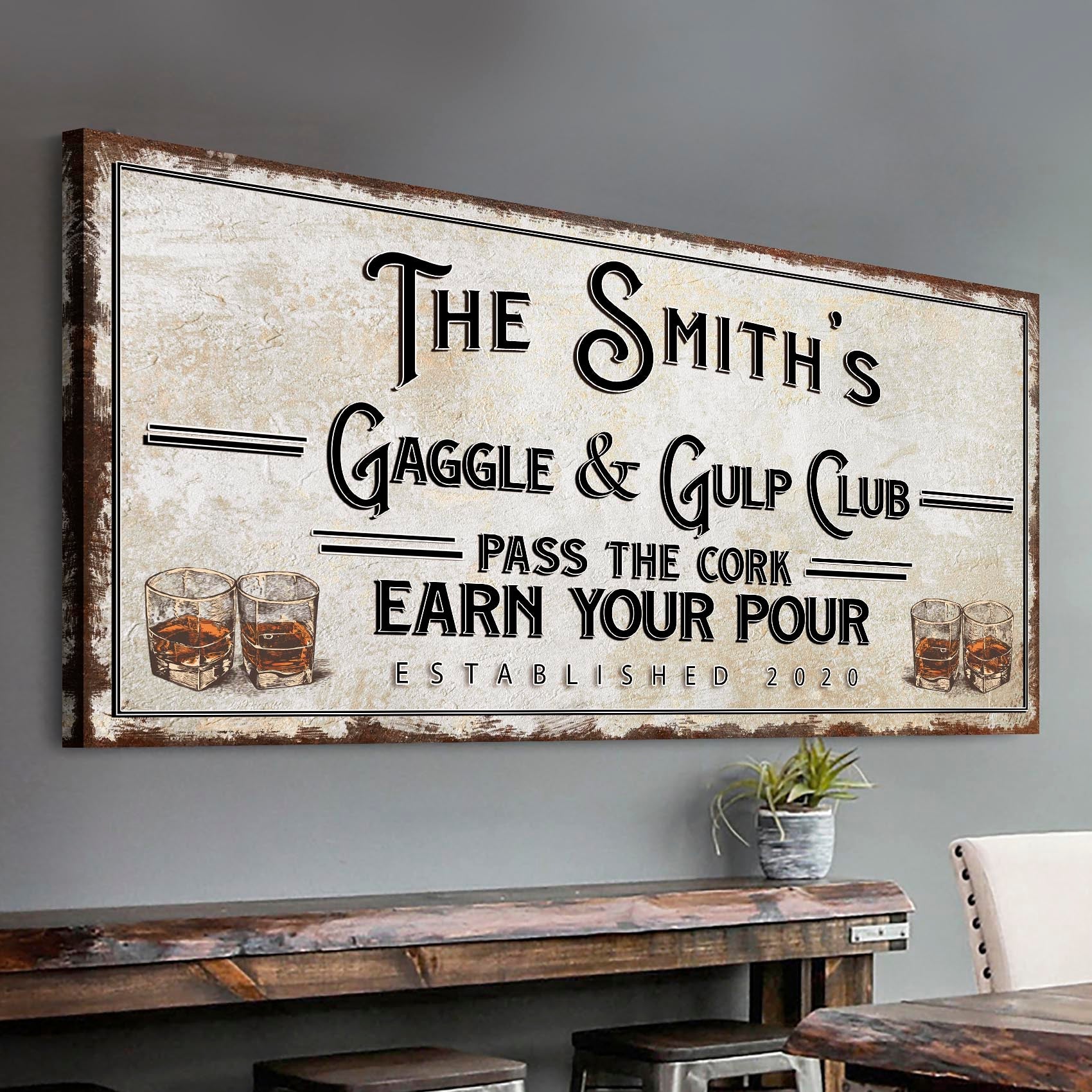 Canvas sign The Smith's Gaggle & Gulp Club with whiskey glasses on a distressed background on Tampa Home & Garden Store