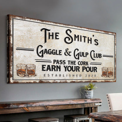Canvas sign The Smith's Gaggle & Gulp Club with whiskey glasses on a distressed background on Tampa Home & Garden Store