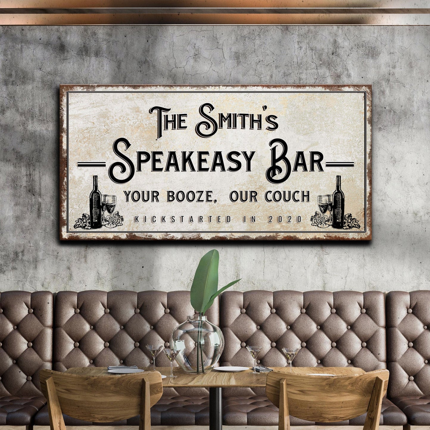 Canvas sign Speakeasy Bar with vintage font and bottle drawings reads Your Booze, Our Couch on Tampa Home & Garden Store