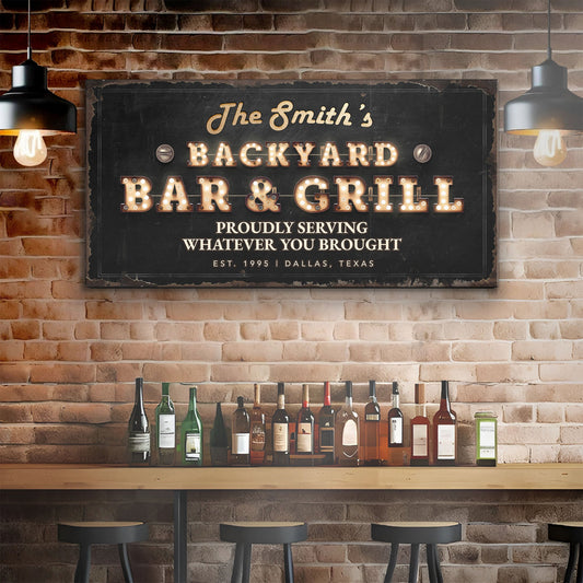 Backyard Bar & Grill Sign canvas with black board and marquee lights Tailored Canvases on Tampa Home & Garden Store