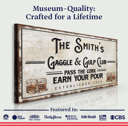 Gaggle & Gulp Club Sign canvas with vintage distressed finish and bold decorative lettering on Tampa Home & Garden Store