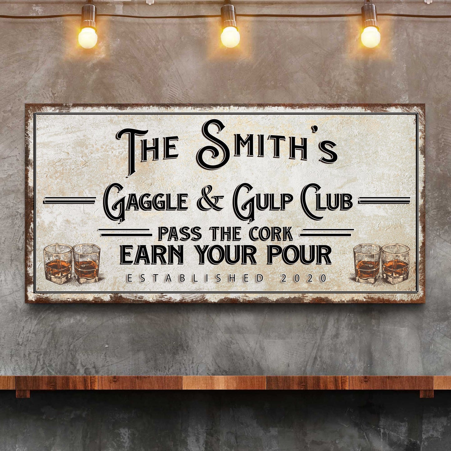 Gaggle & Gulp Club Sign Canvas with rustic frame, whiskey glasses and vintage typography on Tampa Home & Garden Store