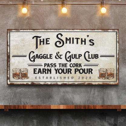 Gaggle & Gulp Club Sign Canvas with rustic frame, whiskey glasses and vintage typography on Tampa Home & Garden Store