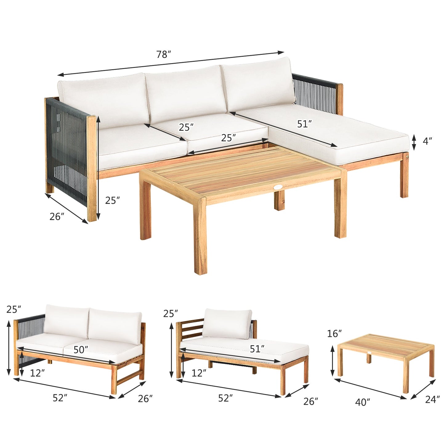Set de muebles de patio de madera de acacia con sofá de 3 piezas y reposabrazos de cuerda de nailon - Blanco