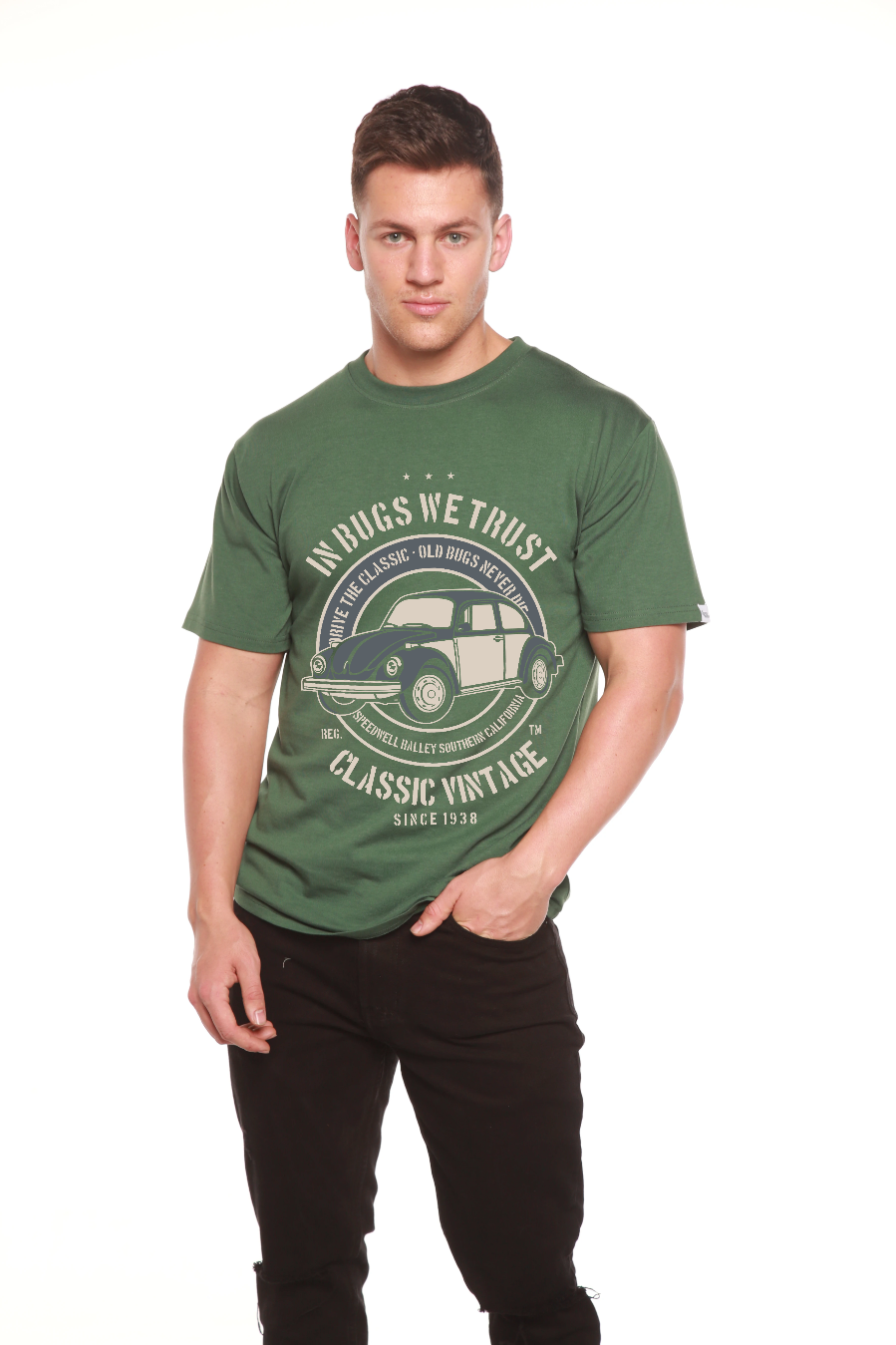 Mens In Bugs We Trust shirt by Spun Bamboo green bamboo viscose short sleeve vintage car print on Tampa Home & Garden Store