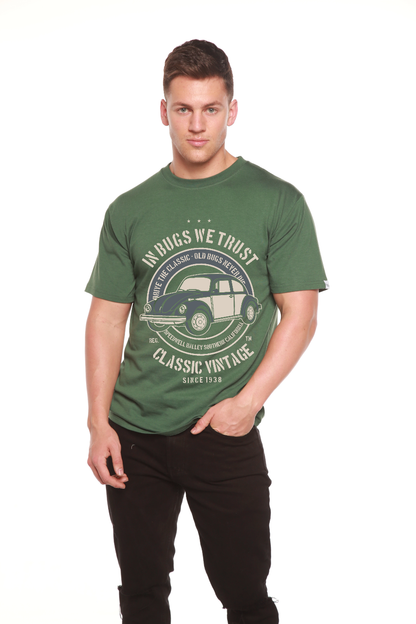 Mens In Bugs We Trust shirt by Spun Bamboo green bamboo viscose short sleeve vintage car print on Tampa Home & Garden Store