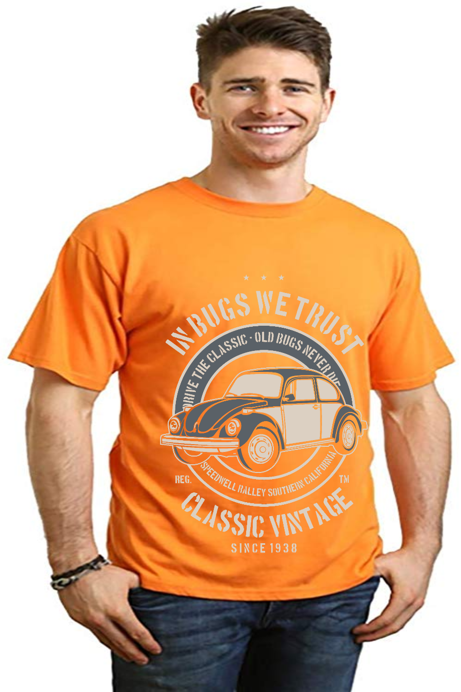 In Bugs We Trust men's graphic tee by Spun Bamboo; orange bamboo viscose/organic cotton on Tampa Home & Garden Store