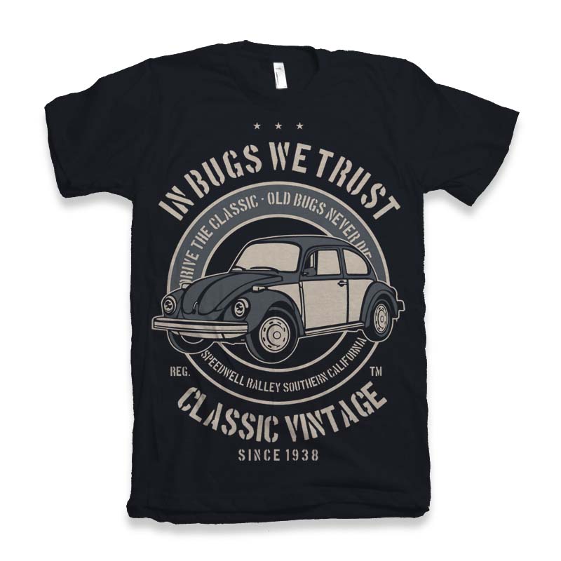 Mens graphic T-shirt black with vintage Beetle print by Spun Bamboo viscose/cotton blend on Tampa Home & Garden Store