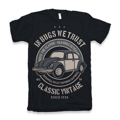 Mens graphic T-shirt black with vintage Beetle print by Spun Bamboo viscose/cotton blend on Tampa Home & Garden Store