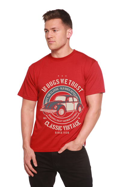 Men's red Spun Bamboo tee with In Bugs We Trust vintage car motif, bamboo viscose/organic cotton on Tampa Home & Garden Store