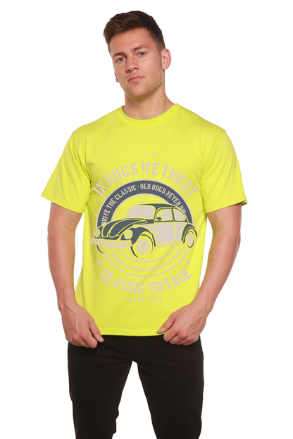 Mens neon yellow Spun Bamboo T-shirt with vintage car graphic bamboo viscose/organic cotton on Tampa Home & Garden Store