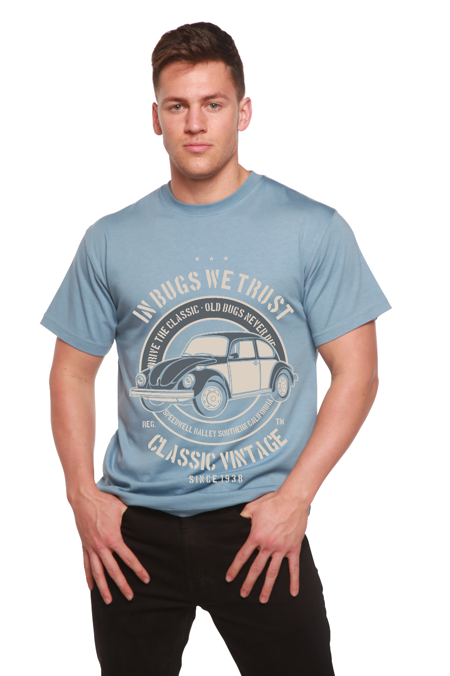 Mens graphic T-shirt In Bugs We Trust, light blue with vintage car print by Spun Bamboo on Tampa Home & Garden Store
