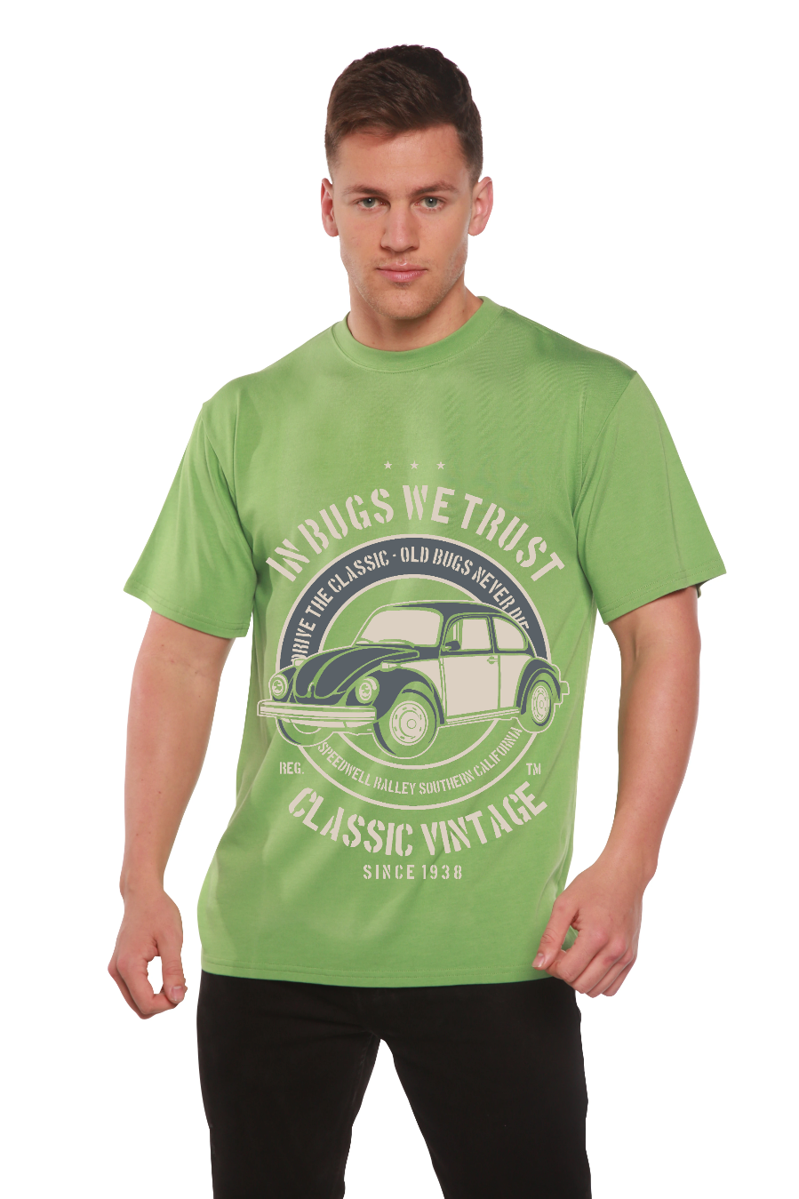 In Bugs We men's bamboo viscose organic cotton short sleeve graphic T-shirt lime green car print on Tampa Home & Garden Store
