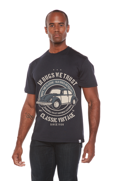 In Bugs We Trust men's bamboo viscose/organic cotton tee with vintage car graphic on dark navy on Tampa Home & Garden Store