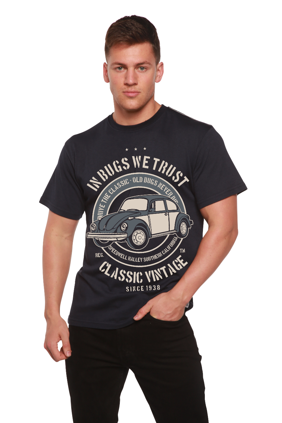 Graphic tee In Bugs We navy bamboo viscose/organic cotton with vintage car print Spun Bamboo on Tampa Home & Garden Store