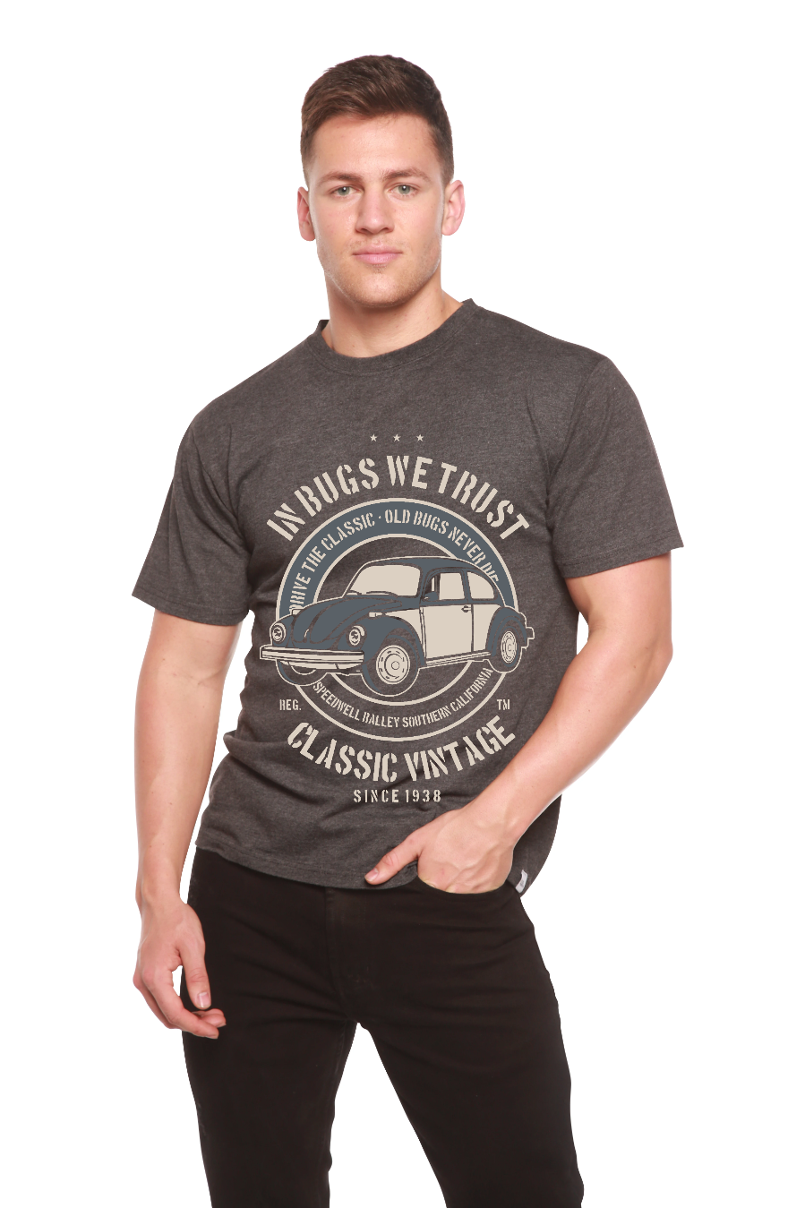 In Bugs We Trust men's bamboo tee with vintage car print in charcoal gray by Spun Bamboo on Tampa Home & Garden Store