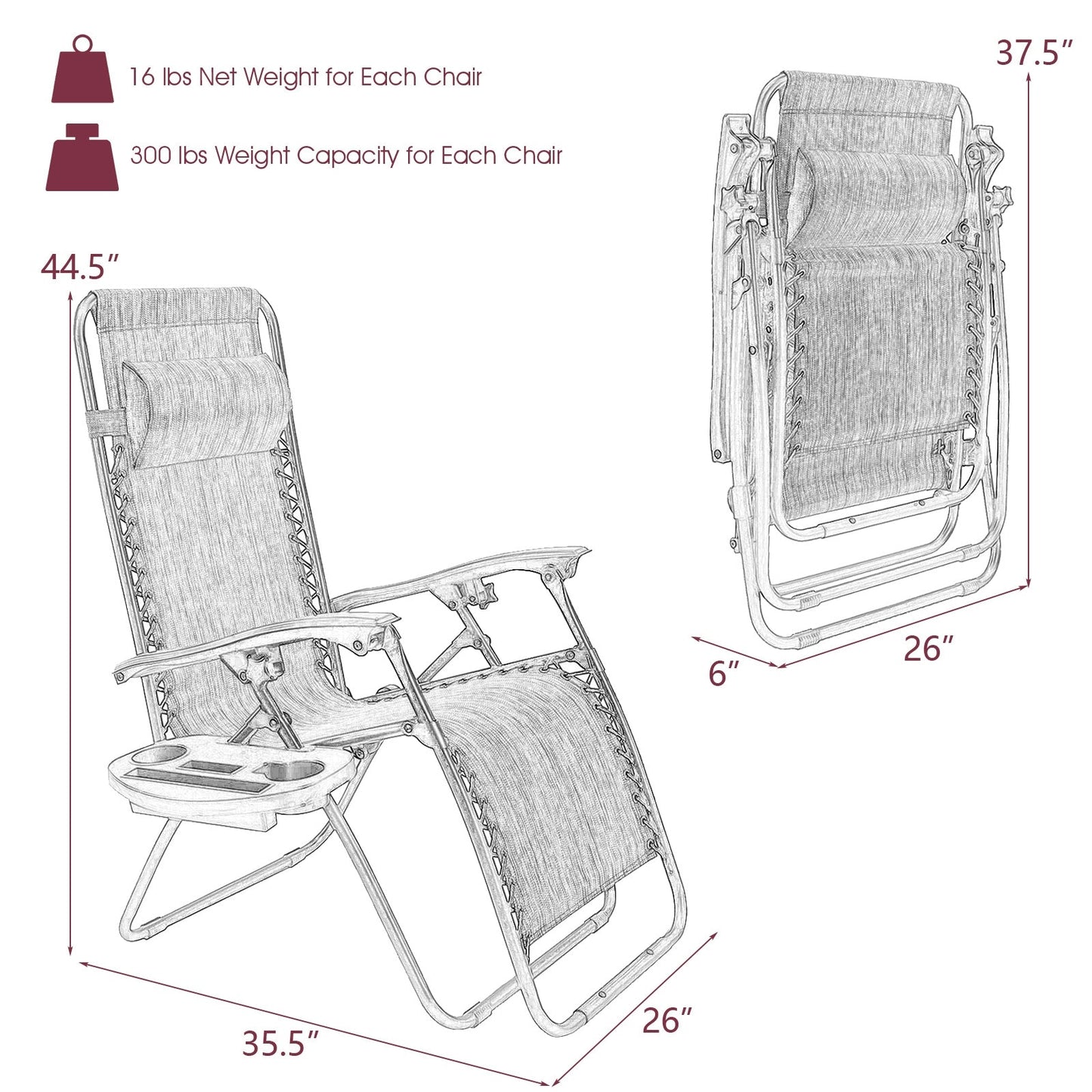 2 Pieces Folding Recliner Zero Gravity Lounge Chair - Beige