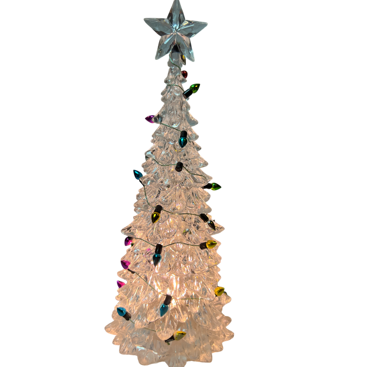8 Inch Lighted Acrylic Christmas Tree Clear with star topper and multicolored bulbs on Tampa Home & Garden Store