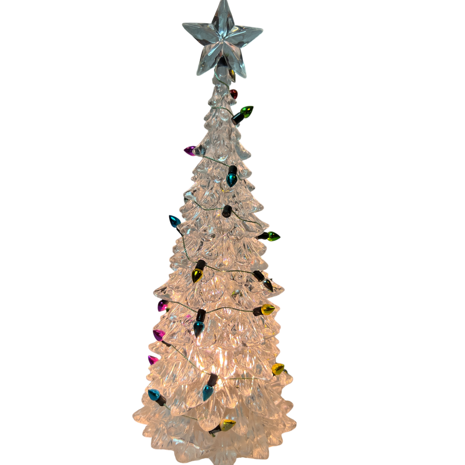 8 Inch Lighted Acrylic Christmas Tree Clear with star topper and multicolored bulbs on Tampa Home & Garden Store
