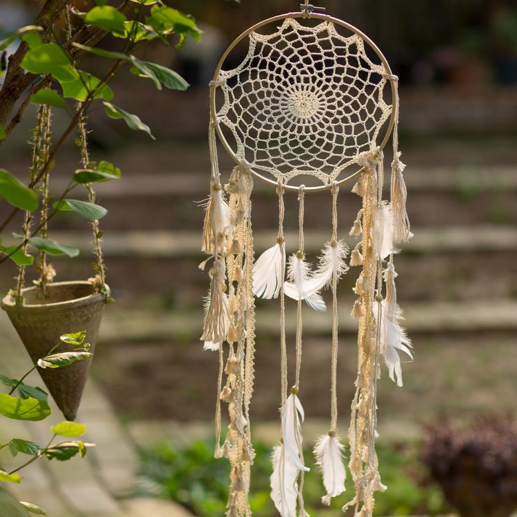 Indiana Dream Catcher Net by RusticReach with cream crochet web and feather tassels on Tampa Home & Garden Store