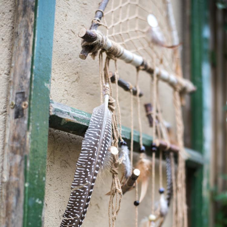 Indiana Dream Catcher Net by RusticReach, brown feathered twine hanging display on Tampa Home & Garden Store