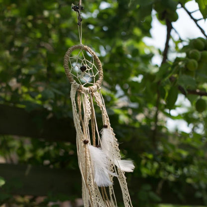 Indiana Dream Catcher Net with cream lace ribbons and white feathers on Tampa Home & Garden Store