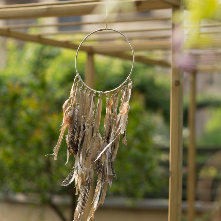 Indiana Dream Catcher Net RusticReach with beige tassels and feathers on circular hoop on Tampa Home & Garden Store
