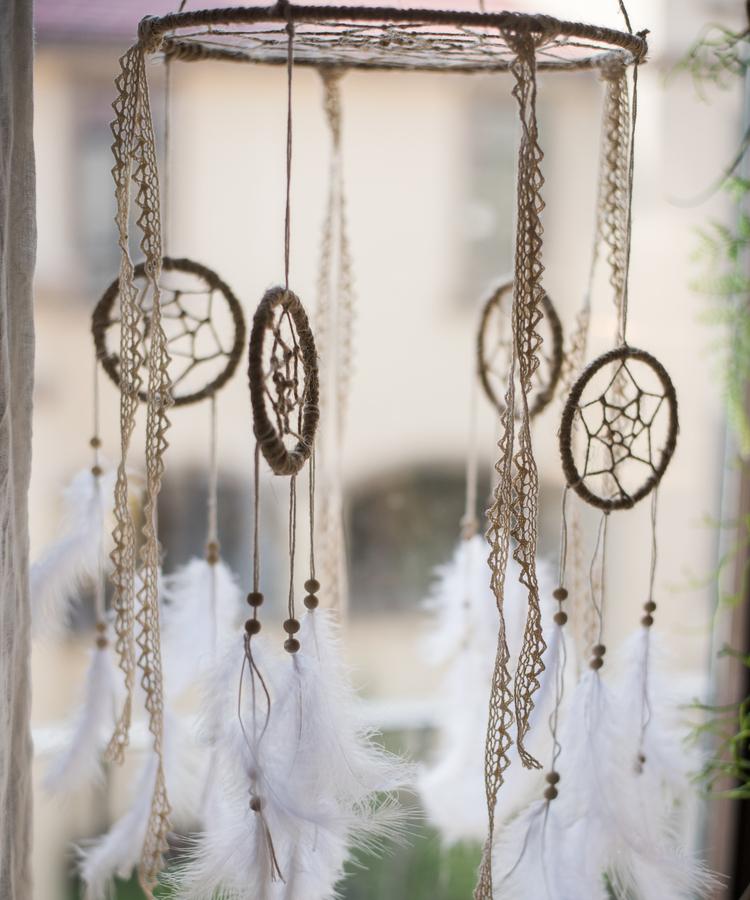 Indiana Dream Catcher Net by RusticReach; hanging hoops with beige lace and white feathers on Tampa Home & Garden Store