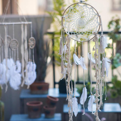 Indiana Dream Catcher Net ivory hoop with cream lace net and feather tassels on Tampa Home & Garden Store