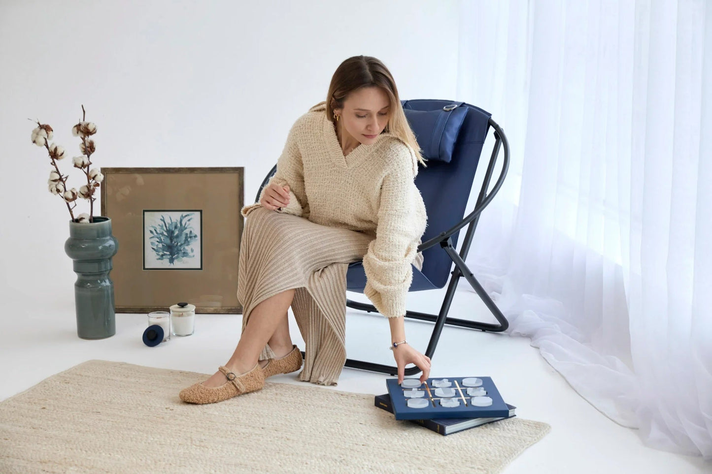 Faux Leather Folding Chair Metal Frame Indigo