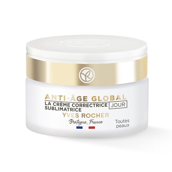 Yves Rocher Anti-Age Global day cream jar, white container with gold band lid, 50 ml on Tampa Home & Garden Store