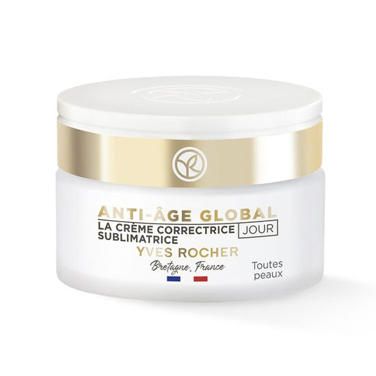 Yves Rocher Anti-Age Global day cream jar, white container with gold band lid, 50 ml on Tampa Home & Garden Store