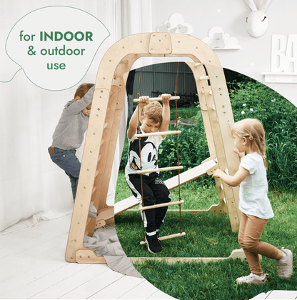 Goodevas 7in1 wooden indoor playground set with swings and climbing ladder natural wood finish on Tampa Home & Garden Store