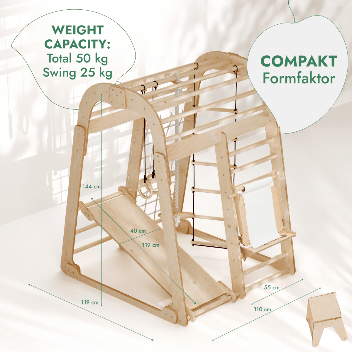 7in1 wooden indoor playset by Goodevas with slide, swings and climbing ladder on Tampa Home & Garden Store