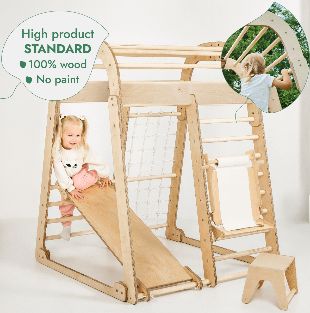 7in1 wooden indoor playground set by Goodevas with natural finish slide net and art station on Tampa Home & Garden Store